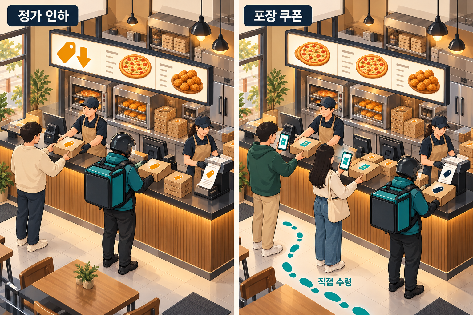 정가를 낮춰 여러 주문 방식에 같은 가격을 적용하는 매장과 스마트폰 쿠폰을 사용하는 직접 수령 주문에 혜택을 주는 매장을 비교한 개념 일러스트