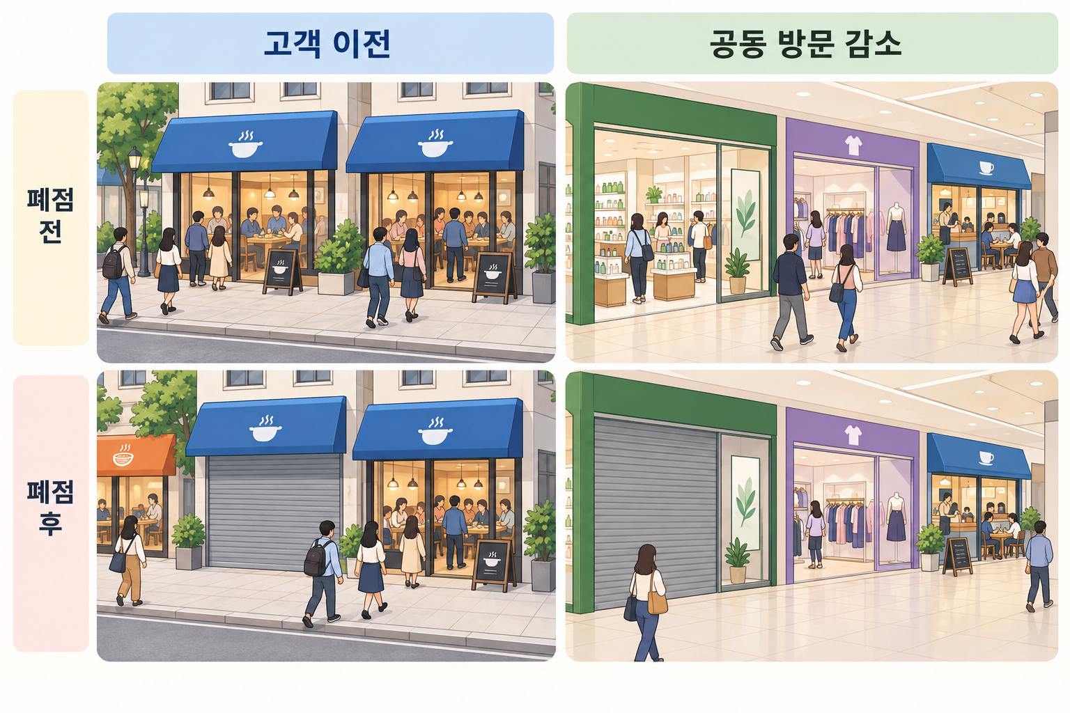 고객 이전과 공동 방문 감소를 폐점 전후의 식당·쇼핑몰 장면으로 비교한 개념 일러스트