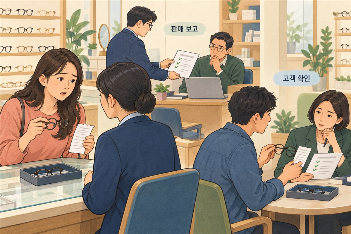 판매 보고를 받는 관리자와 고객이 가져온 안경·영수증을 직접 확인하는 담당자