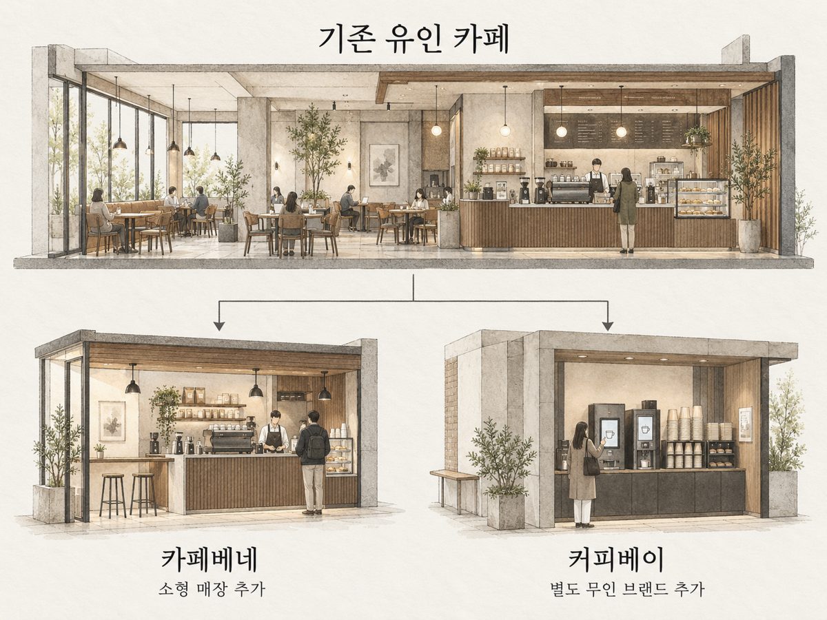 기존 유인 카페 모델에서 카페베네의 소형 매장과 커피베이의 무인 브랜드로 갈라지는 확장 방향
