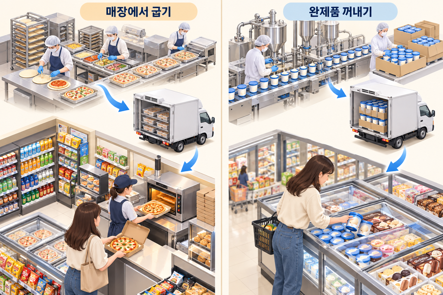 공장에서 준비한 피자를 판매처에서 굽는 과정과 포장 아이스크림을 냉동고에서 판매하는 과정을 비교한 개념 일러스트