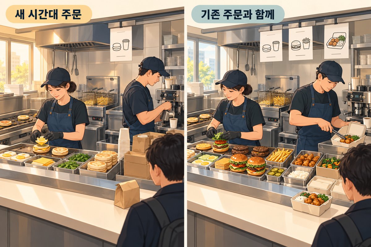 같은 식당 주방에서 새 아침 메뉴를 만드는 장면과 기존 메뉴 주문을 함께 처리하는 장면
