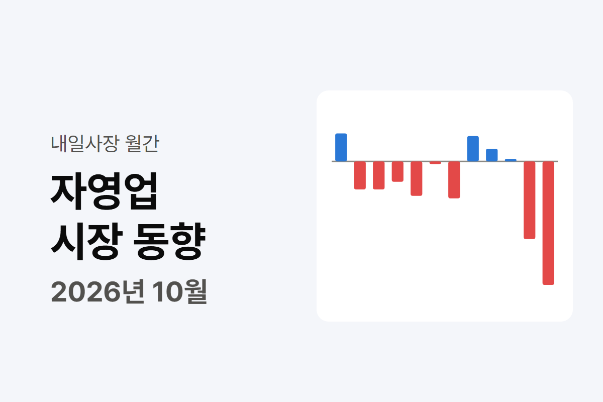 2026년 10월 자영업 시장 동향 표지와 숙박·음식점업 취업자 증감 12개월을 단순화한 막대그래프