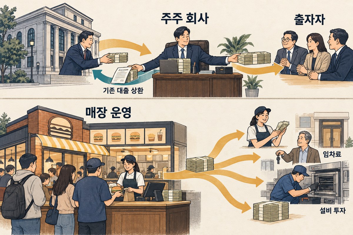 주주 회사가 대출금을 나눠 기존 대출을 갚고 출자자에게 지급하는 장면과, 식당 매출이 인건비·임차료·설비 투자에 쓰이는 장면