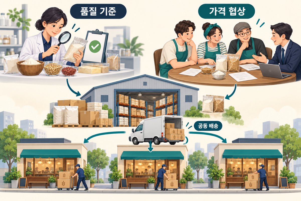 품질을 검사하는 본사와 가격을 협상하는 점주들, 공동 창고에서 여러 매장으로 배송되는 물품을 나누어 표현한 삽화